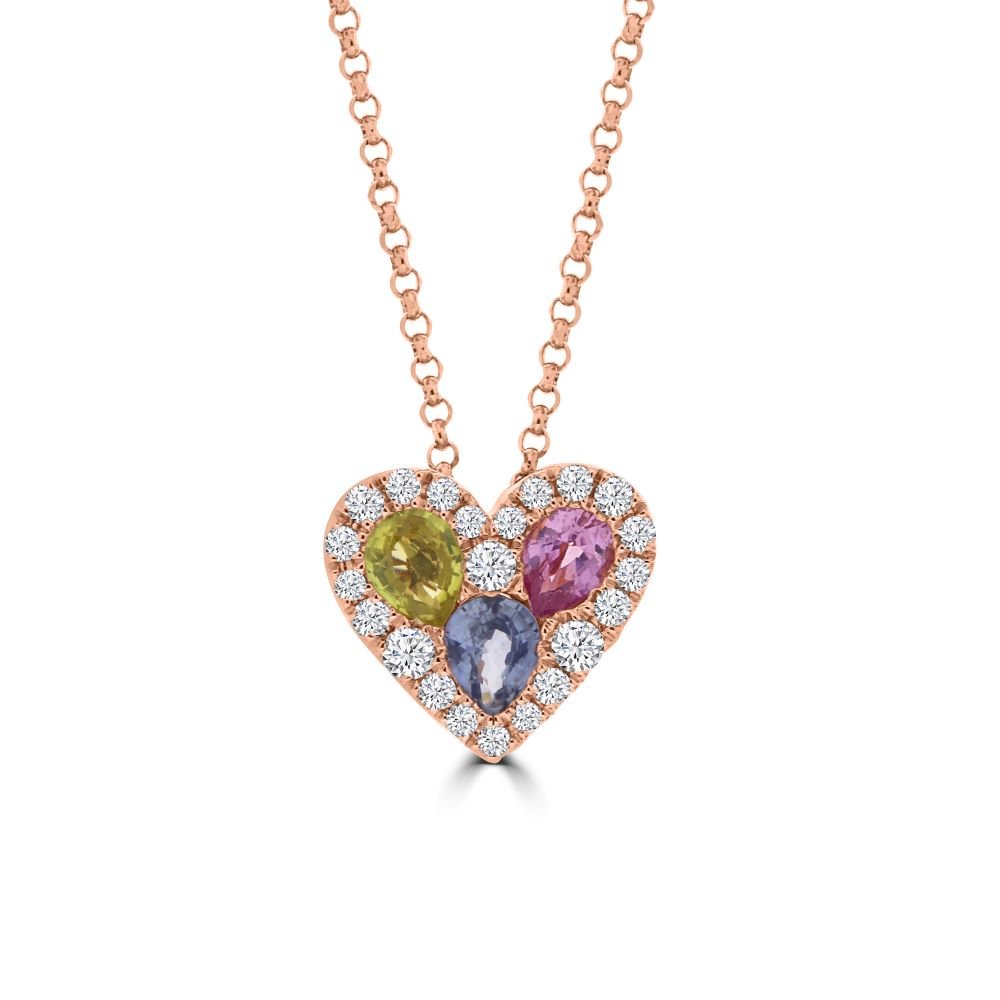 Rainbow Sapphire Diamond Heart Pendant with Chain