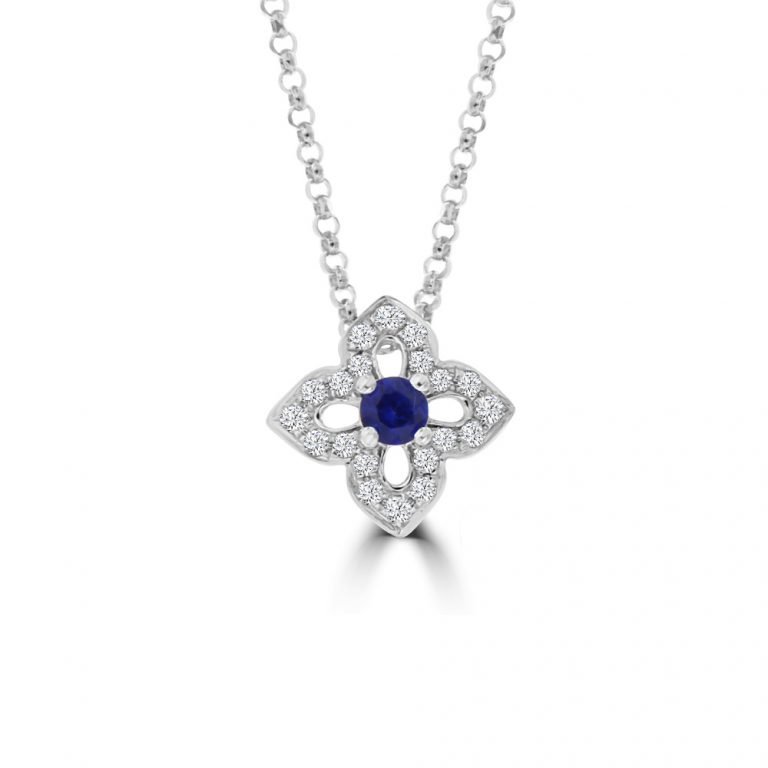 Sapphire Diamond Open Petal Floral Pendant with Chain in 18K White Gold