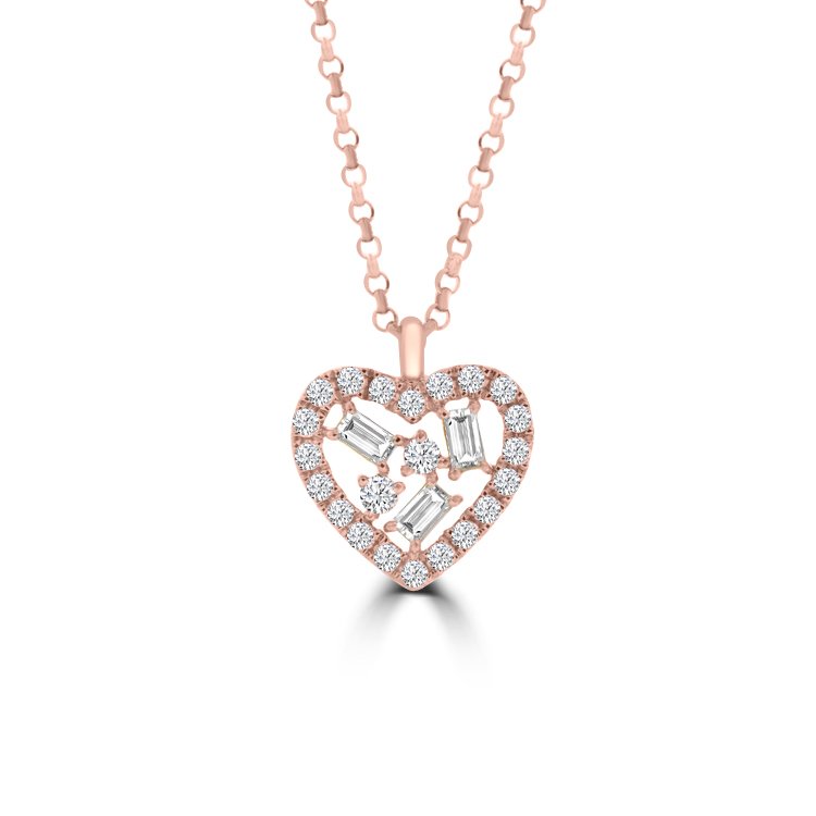 Baguette Diamond Sprinkle Open Heart Pendant with Chain in 18K Rose Gold