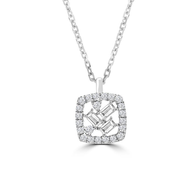 Baguette Diamond Sprinkle Open Square Pendant with Chain in 18K White Gold