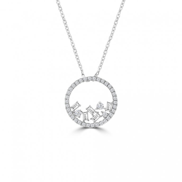 Baguette Diamond Sprinkle Open Circle Pendant with Chain in 18K White Gold