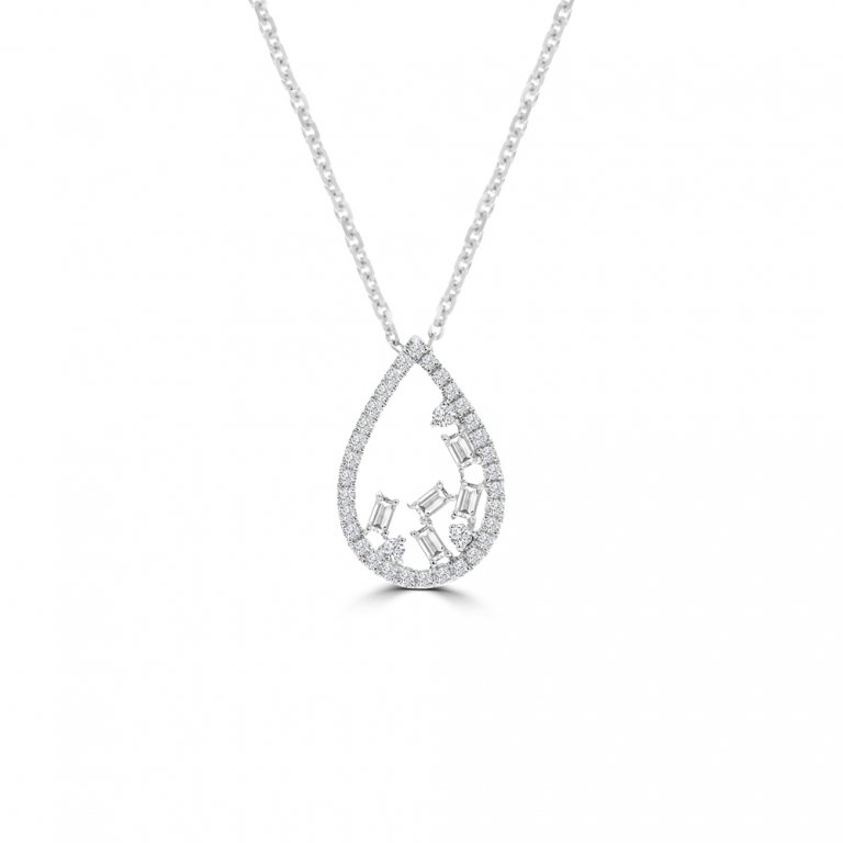 Baguette Diamond Sprinkle Open Teardrop Pendant with Chain in 18K White Gold