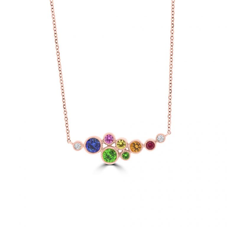 Rainbow Sapphire Ruby Green Garnet Diamond Pendant with Chain in 18K Rose Gold
