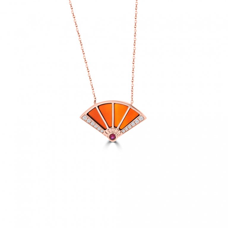 Red Agate Ruby Diamond Fan Pendant with Chain in 18K Rose Gold