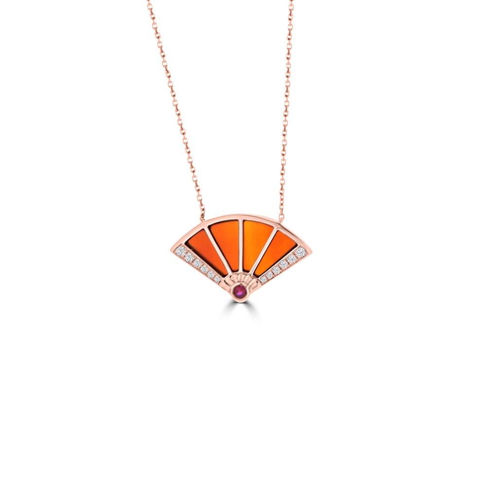 Red Agate Ruby Diamond Fan Pendant with Chain