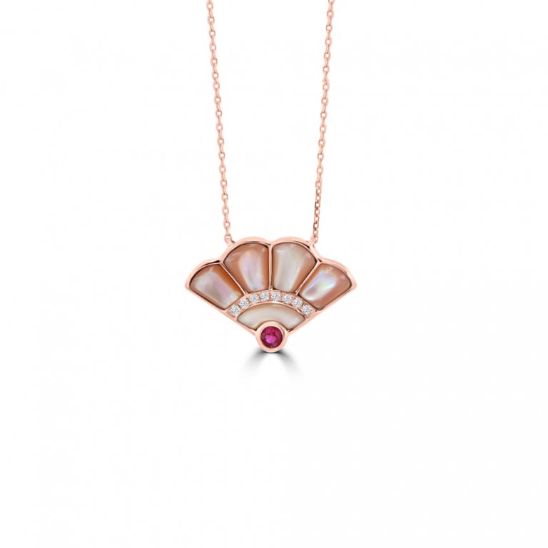 Mother of Pearl Ruby Diamond Fan Pendant with Chain in 18K Rose Gold