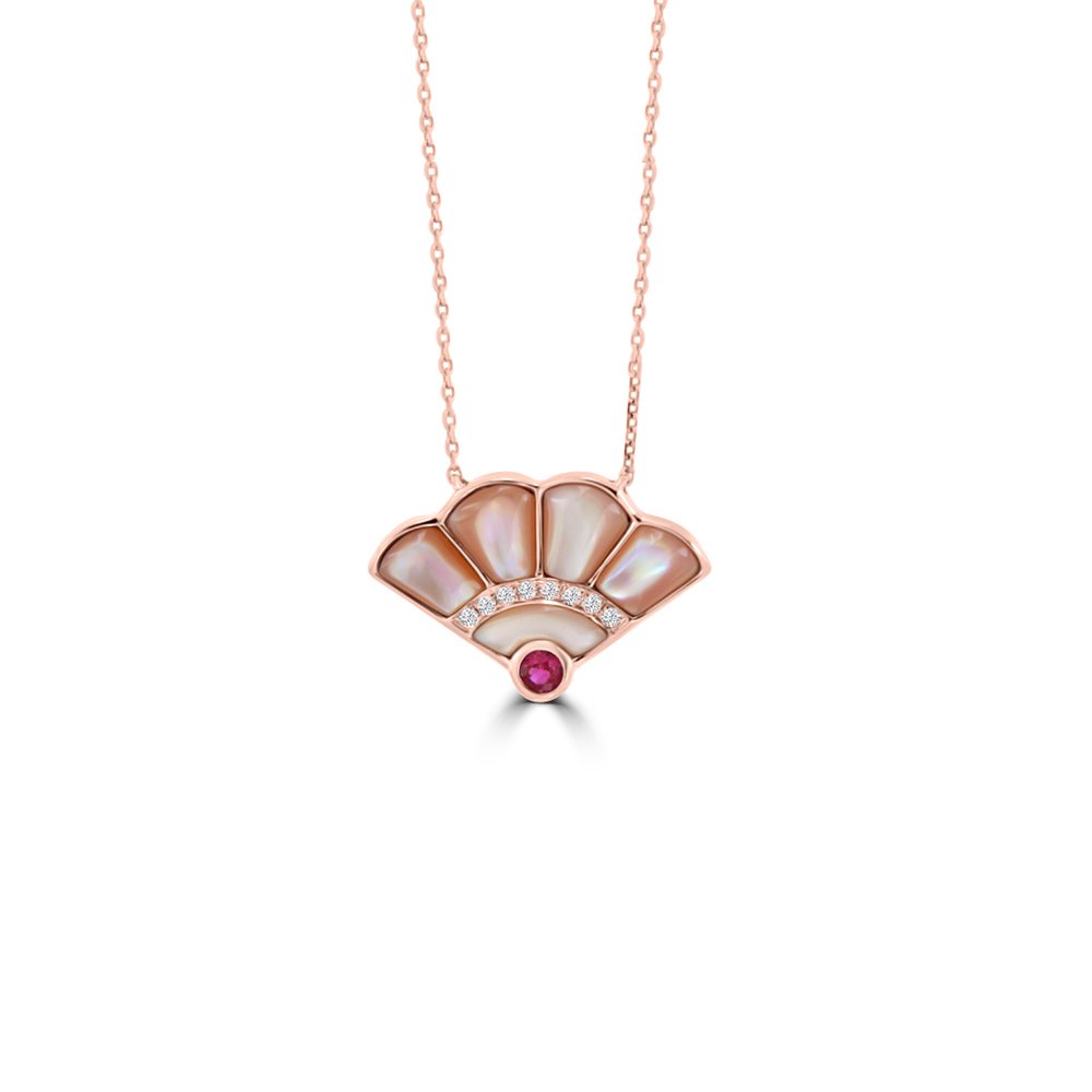 Mother of Pearl Ruby Diamond Fan Pendant with Chain