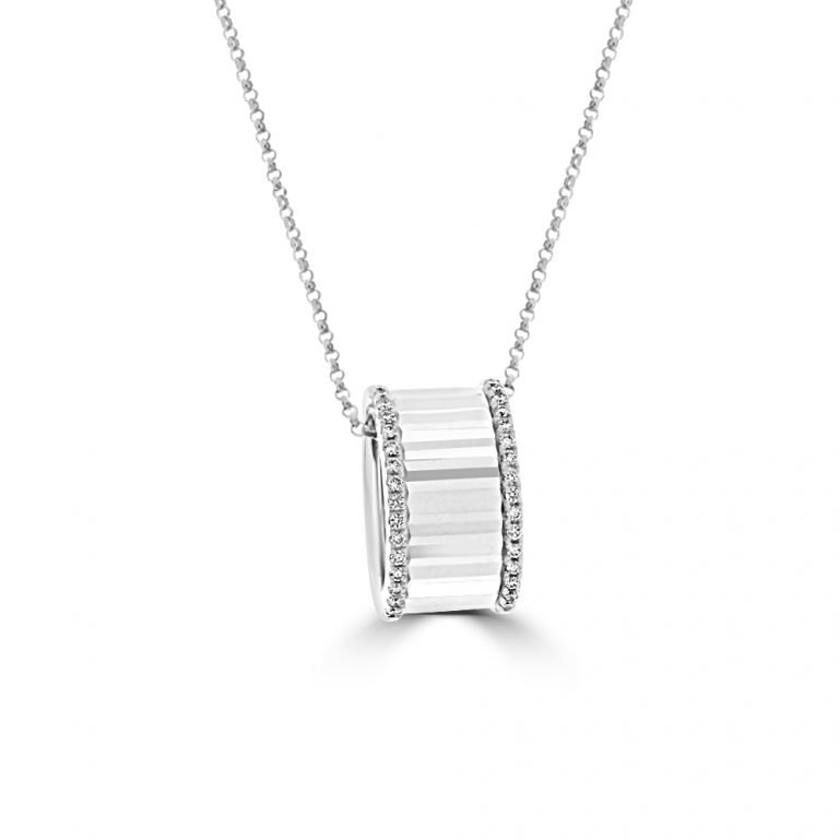 Diamond Fluted Barrel Pendant with Chain in 18K White Gold