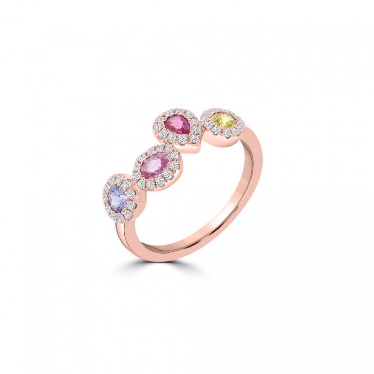 Rainbow Sapphire Diamond Quartet Geometric Ring in 18K Rose Gold