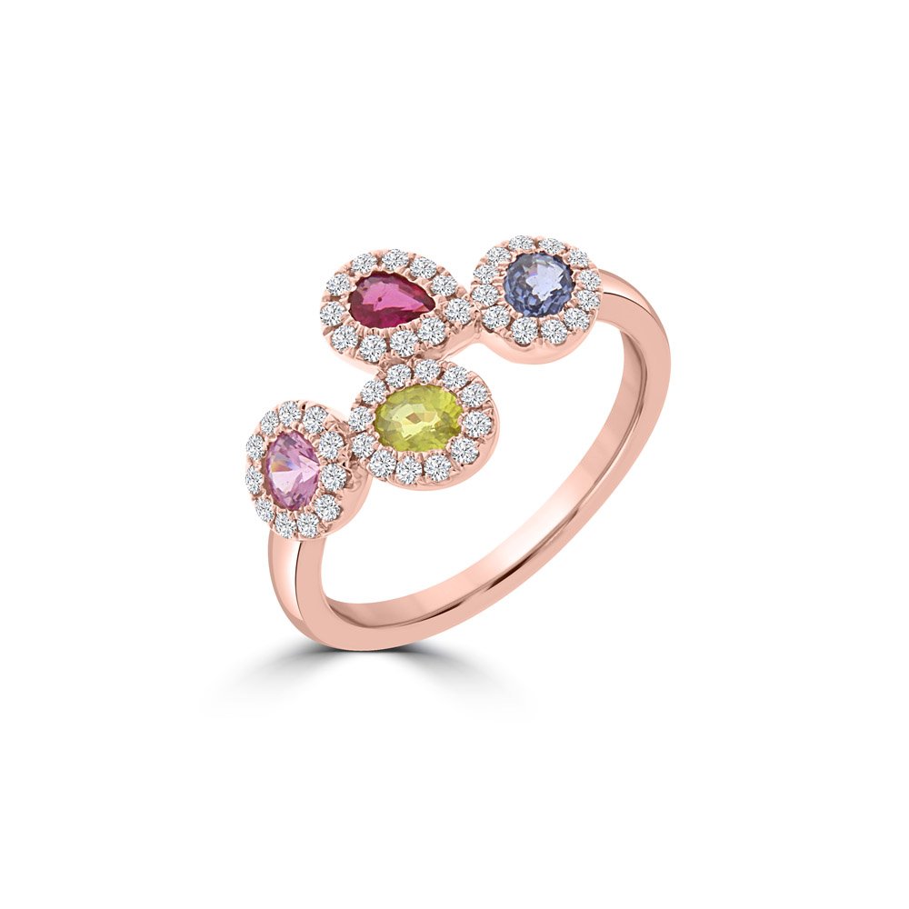 Rainbow Sapphire Diamond Quartet Geometric Ring
