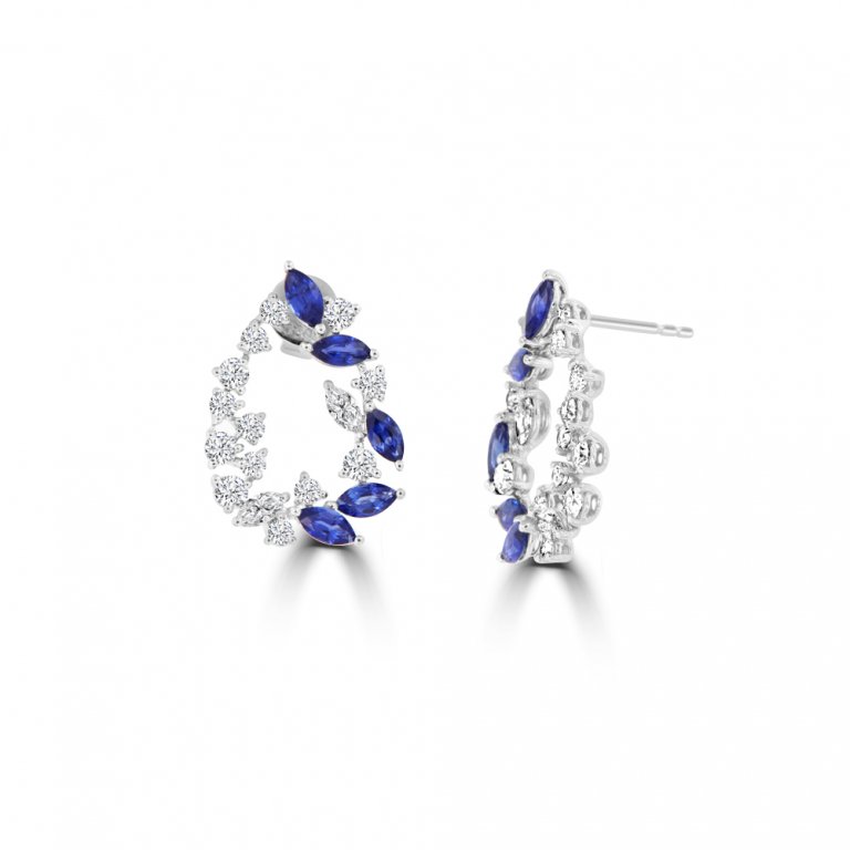 Sapphire Diamond Open Dewdrop Earrings in 18K White Gold