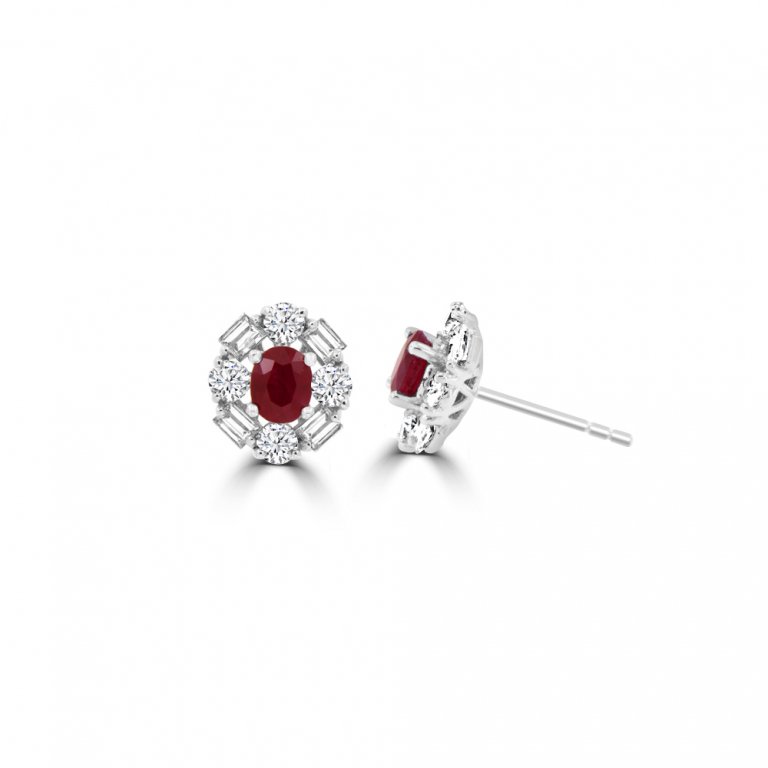 Over Shaped Ruby Diamond Halo Stud Earrings in 18K White Gold