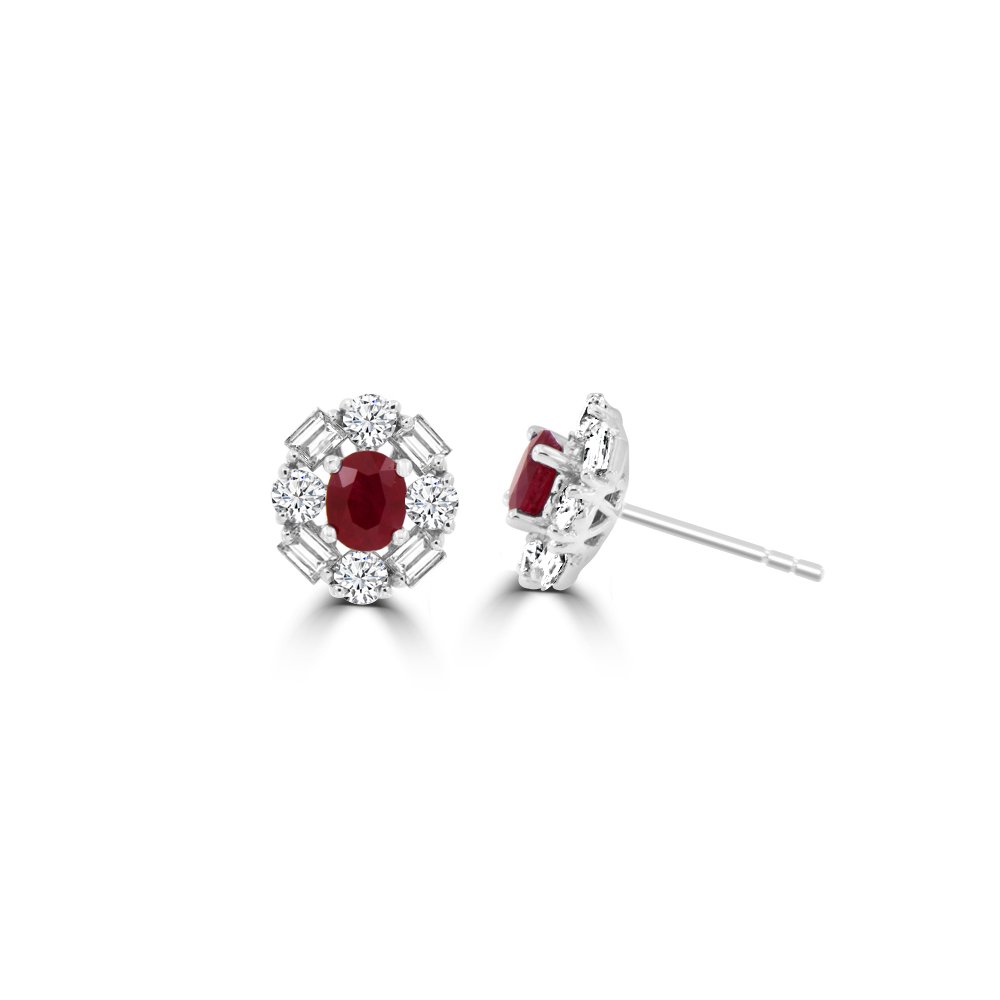 Over Shaped Ruby Diamond Halo Stud Earrings