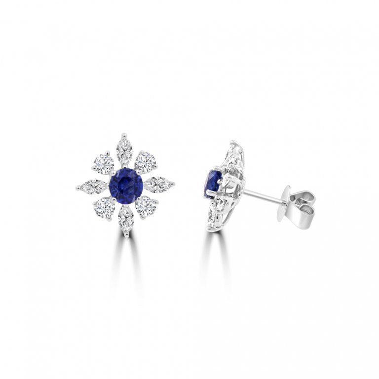 Round Sapphire Diamond Starburst Halo Stud Earrings in 18K White Gold
