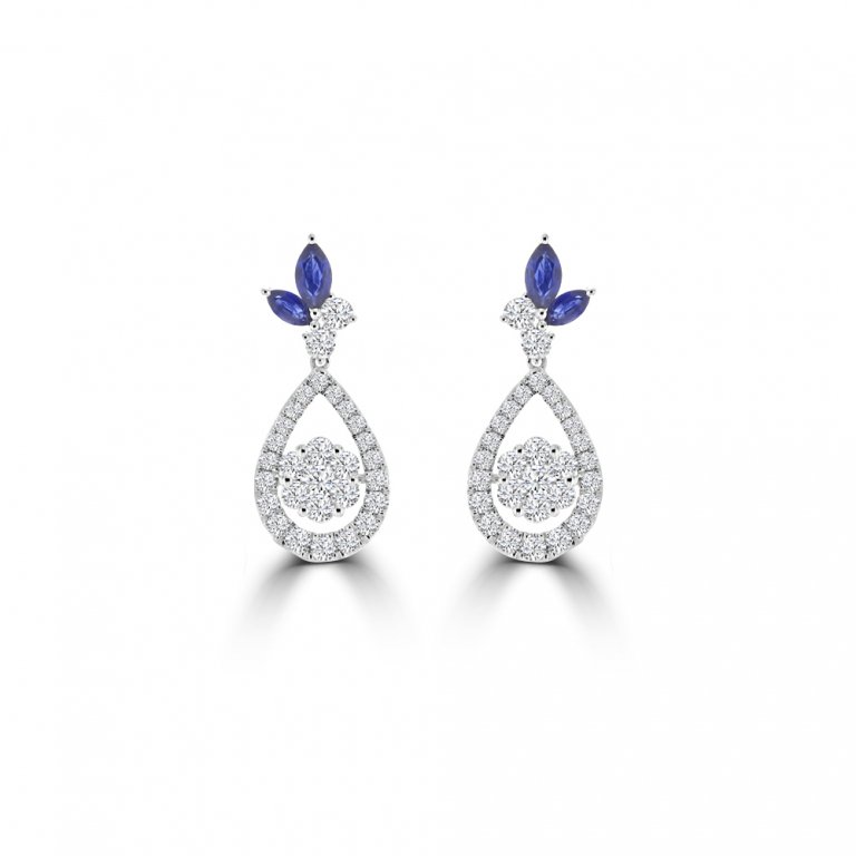Marquise Cut Sapphire Diamond Teardrop Earrings in 18K White Gold