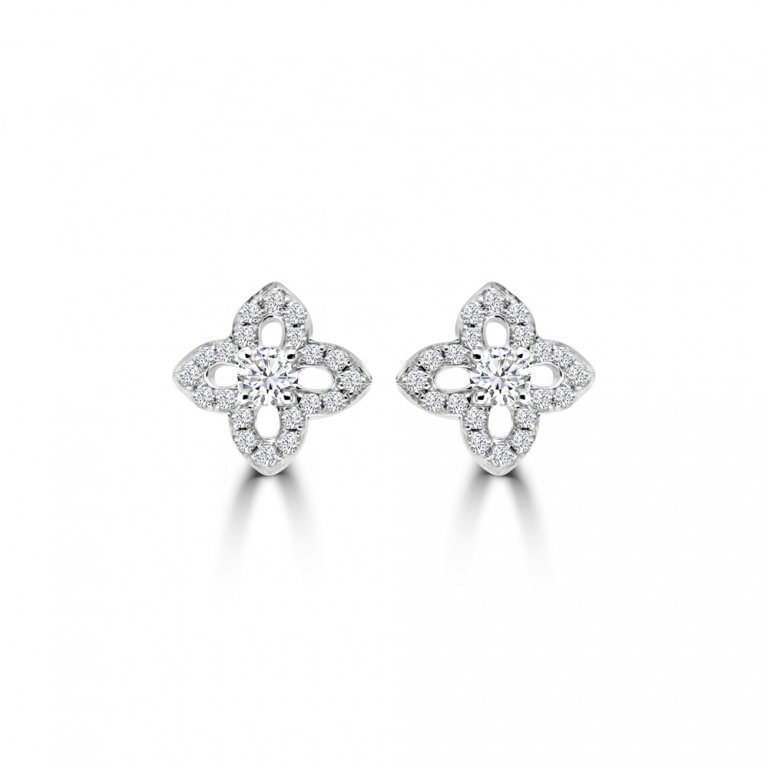 Diamond Open Petal Floral Stud Earrings in 18K White Gold