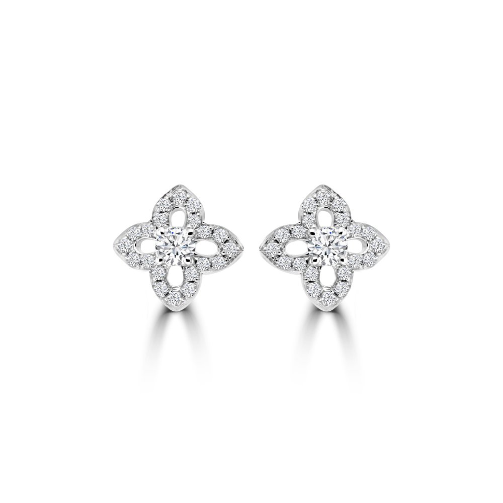 Diamond Open Petal Floral Stud Earrings in 18K White Gold
