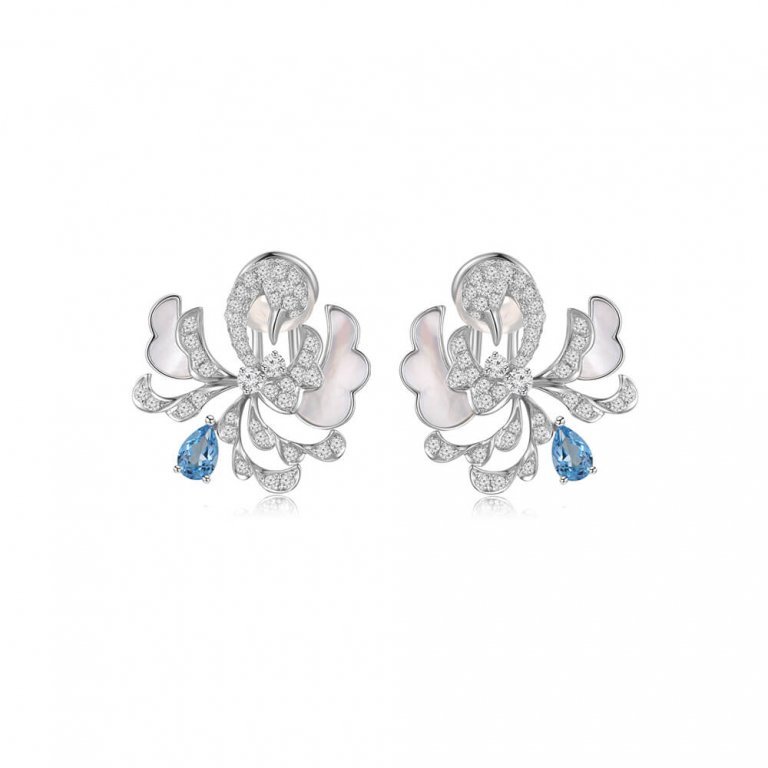 Blue Topaz Mother of Pearl Diamond Swan Earrings in 18K White Gold