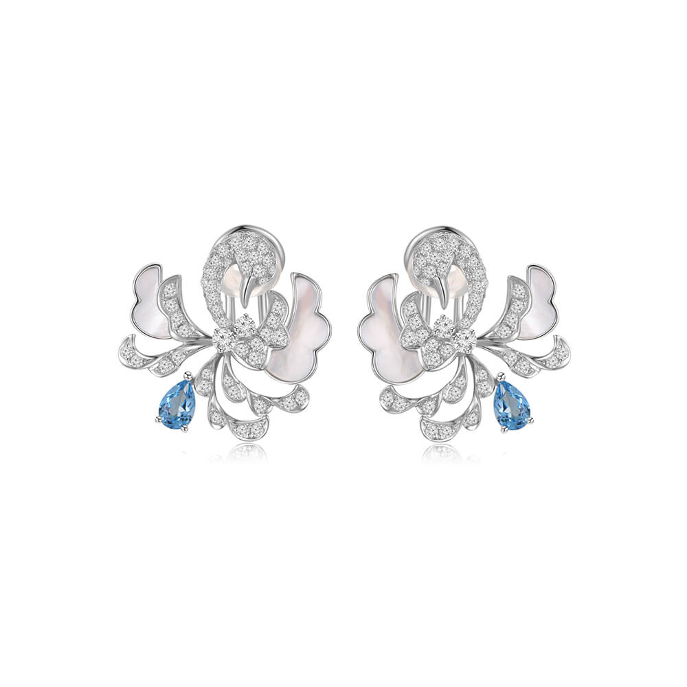 Blue Topaz Mother of Pearl Diamond Swan Earrings