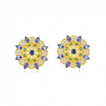 Multicolor Sapphire Green Garnet Diamond Kaleidoscope Earrings in 18k Yellow Gold