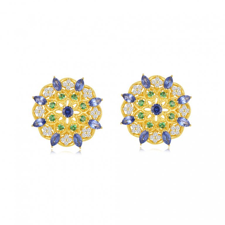 Multicolor Sapphire Green Garnet Diamond Kaleidoscope Earrings in 18k Yellow Gold