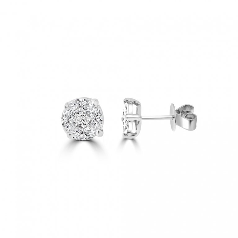 Diamond Round Cluster Stud Earrings (S) in 18K White Gold
