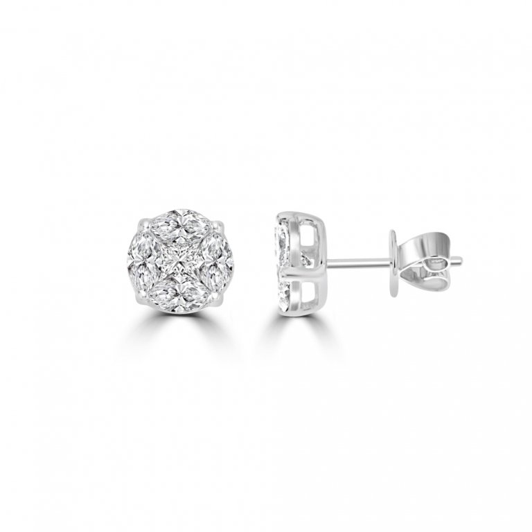 Diamond Round Cluster Stud Earrings (M) in 18K White Gold
