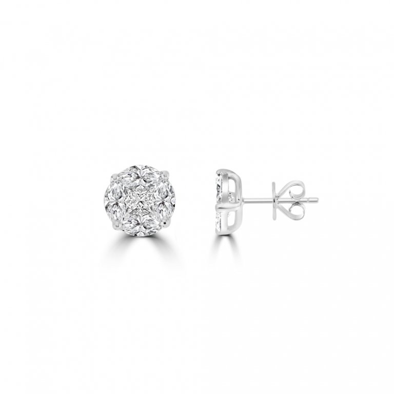 Diamond Round Cluster Stud Earrings (L) in 18K White Gold