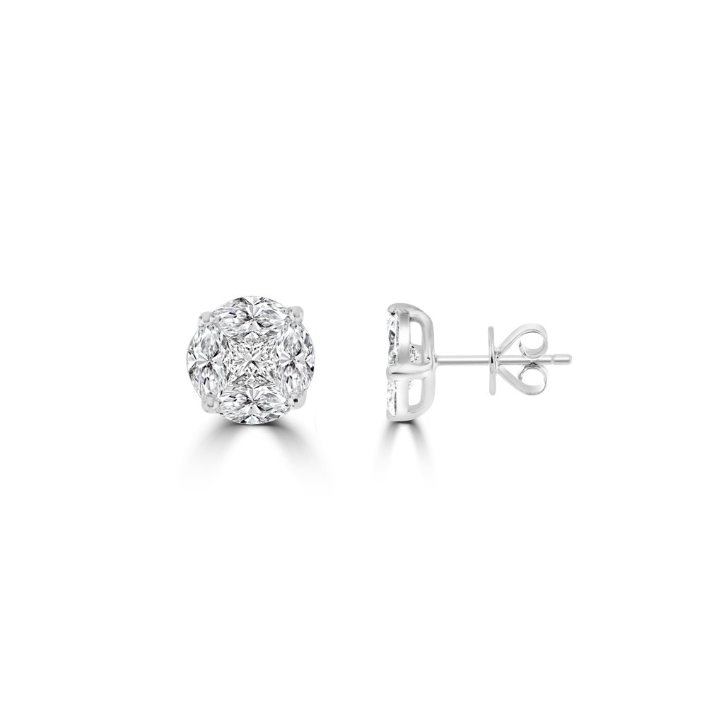 Diamond Round Cluster Stud Earrings (L) in 18K White Gold