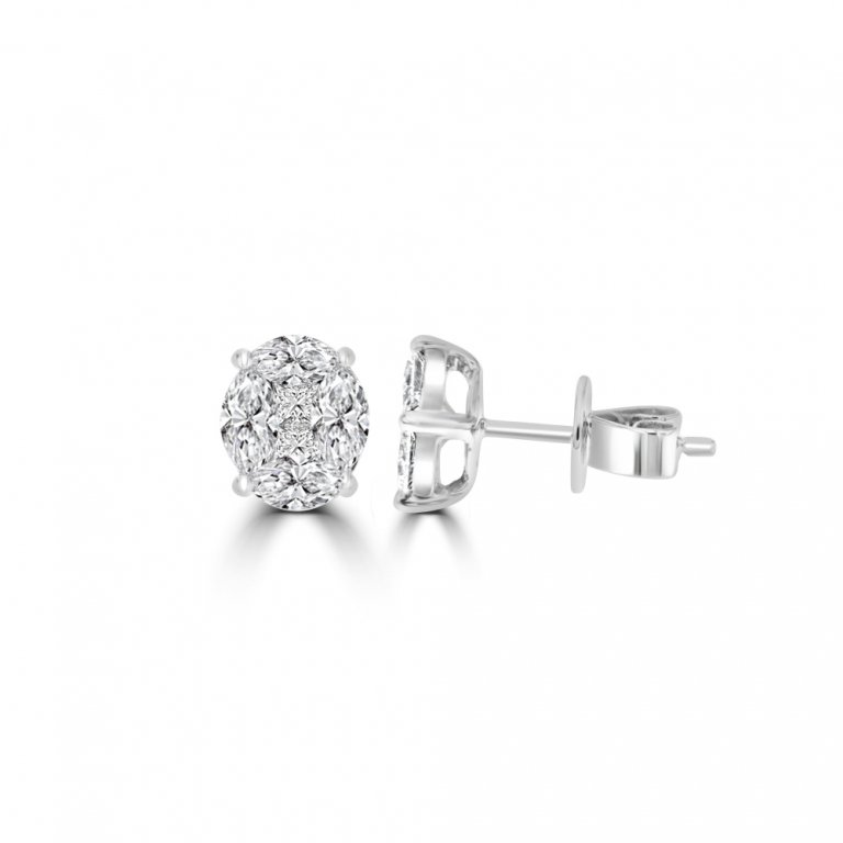 Diamond Oval Cluster Stud Earrings in 18K White Gold