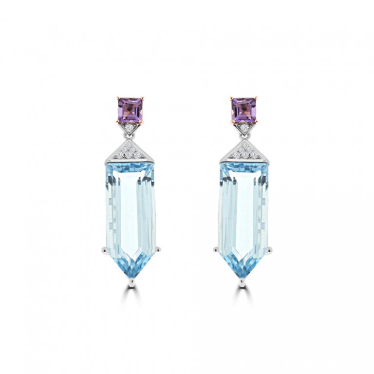 Amethyst Blue Topaz Diamond Drop Earrings in 18K White Gold, 18K Rose Gold