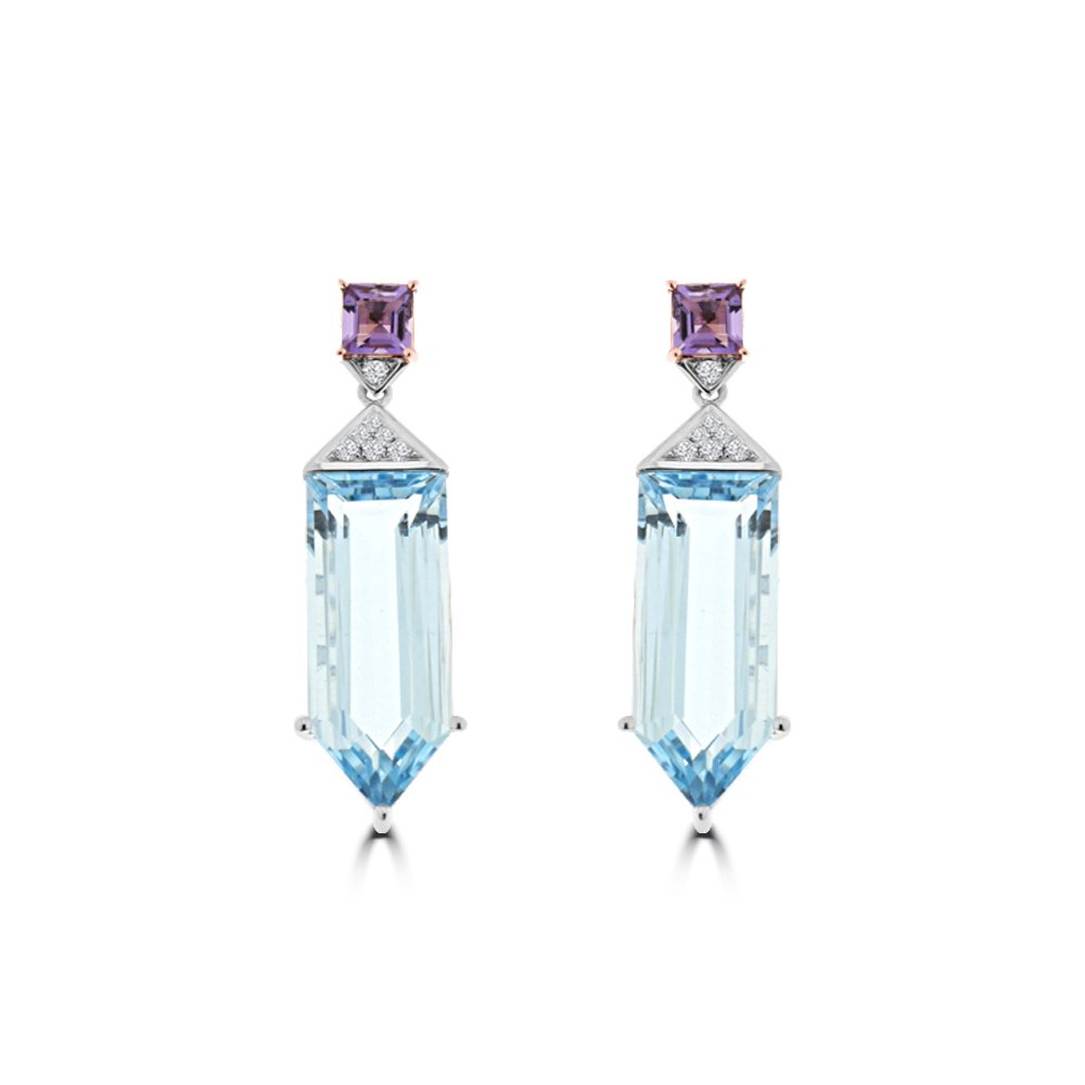 Amethyst Blue Topaz Diamond Drop Earrings in 18K White Gold, 18K Rose Gold