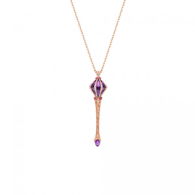 Amethyst Ruby Diamond Pendant with Chain in 18K Rose Gold
