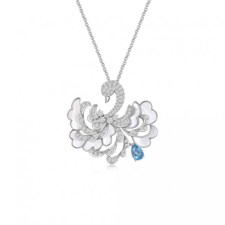 Blue Topaz Mother of Pearl Diamond Swan Pendant with Chain in 18K White Gold