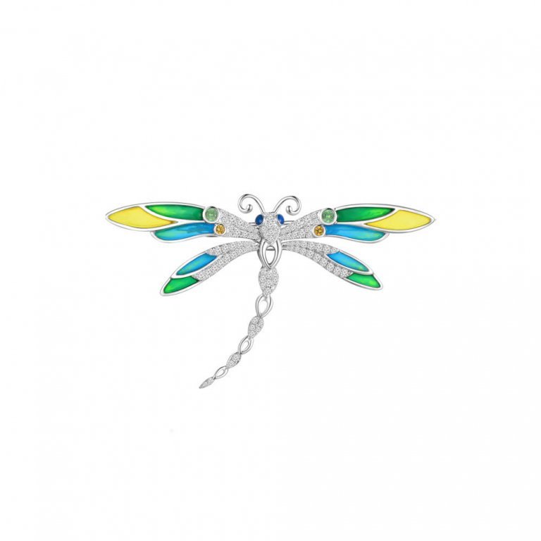Green Garnet Yellow Sapphire Diamond Enamel Dragonfly Brooch in 18K White Gold