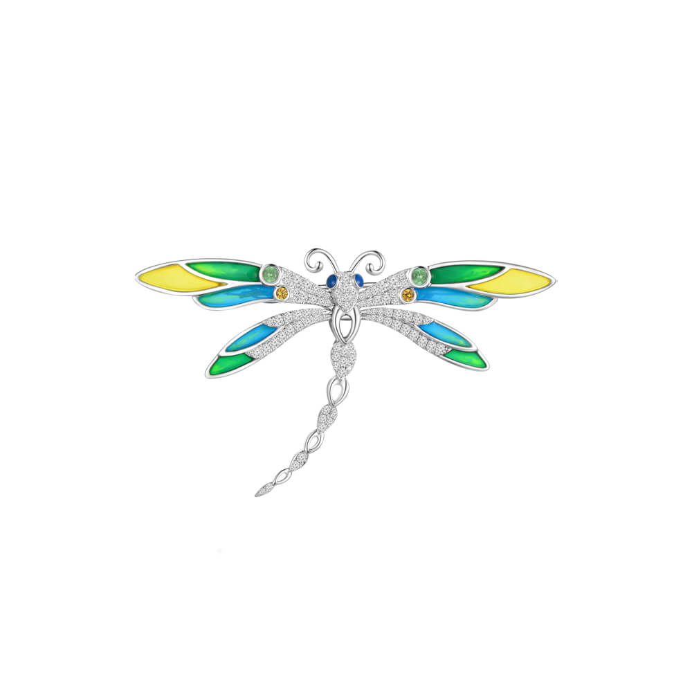 Green Garnet Yellow Sapphire Diamond Enamel Dragonfly Brooch