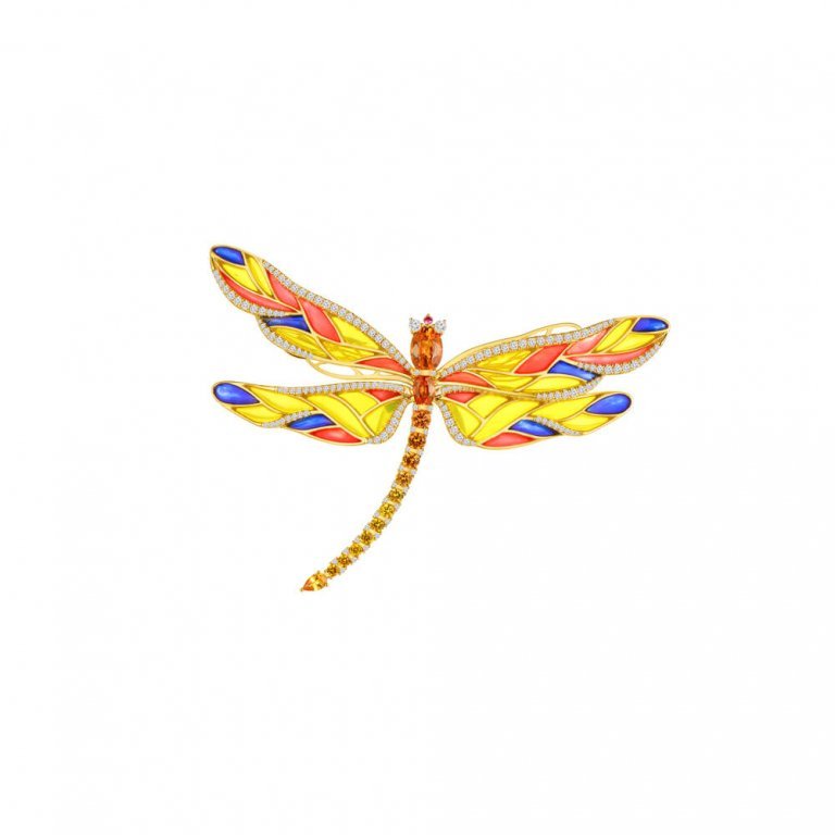 Rainbow Sapphire Diamond Enamel Dragonfly Brooch in 18K Yellow Gold