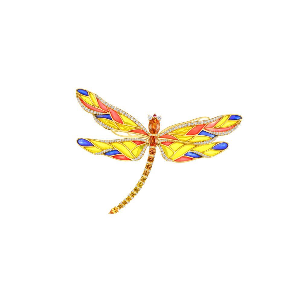 Rainbow Sapphire Diamond Enamel Dragonfly Brooch
