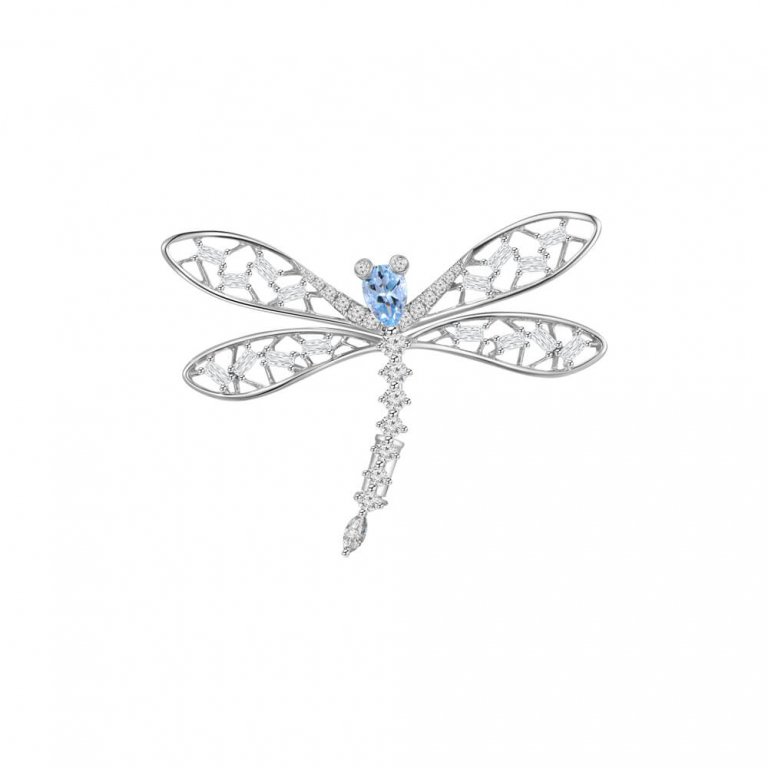 Aquamarine Diamond Dragonfly Brooch in 18K White Gold
