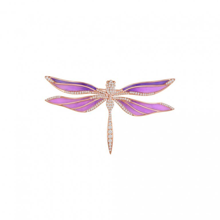 Diamond Enamel Dragonfly Brooch in 18K Rose Gold