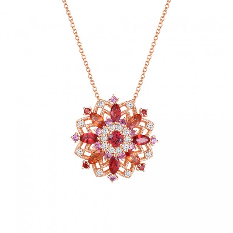 Multicolour Sapphire Diamond Kaleidoscope Pendant with Chain in 18K Rose Gold