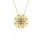 Multicolor Sapphire Green Garnet Diamond Kaleidoscope Pendant with Chain in 18K Yellow Gold