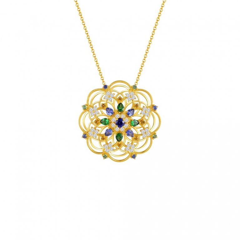 Multicolor Sapphire Green Garnet Diamond Kaleidoscope Pendant with Chain in 18K Yellow Gold