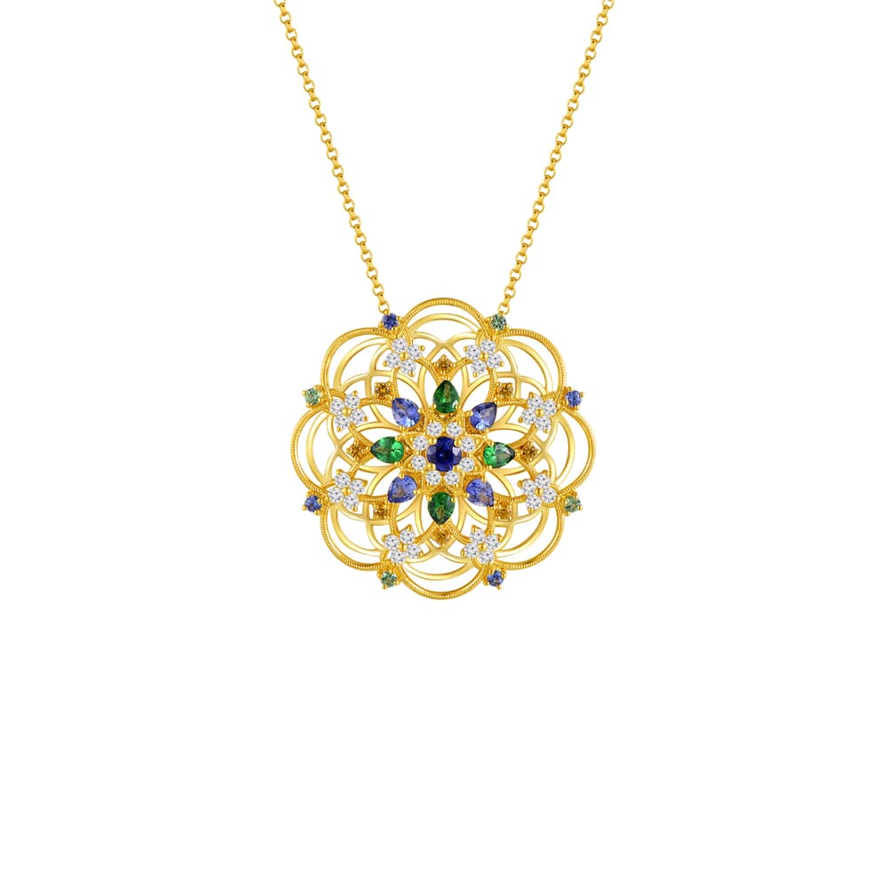 Multicolor Sapphire Green Garnet Diamond Kaleidoscope Pendant with Chain in 18K Yellow Gold