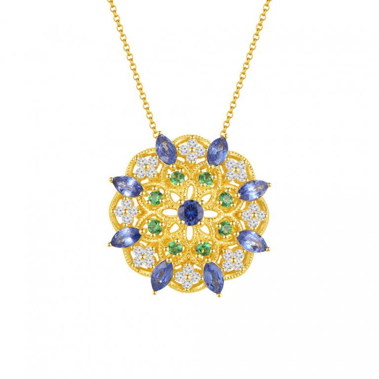 Multicolor Sapphire Green Garnet Diamond Kaleidoscope Pendant with Chain in 18K Yellow Gold