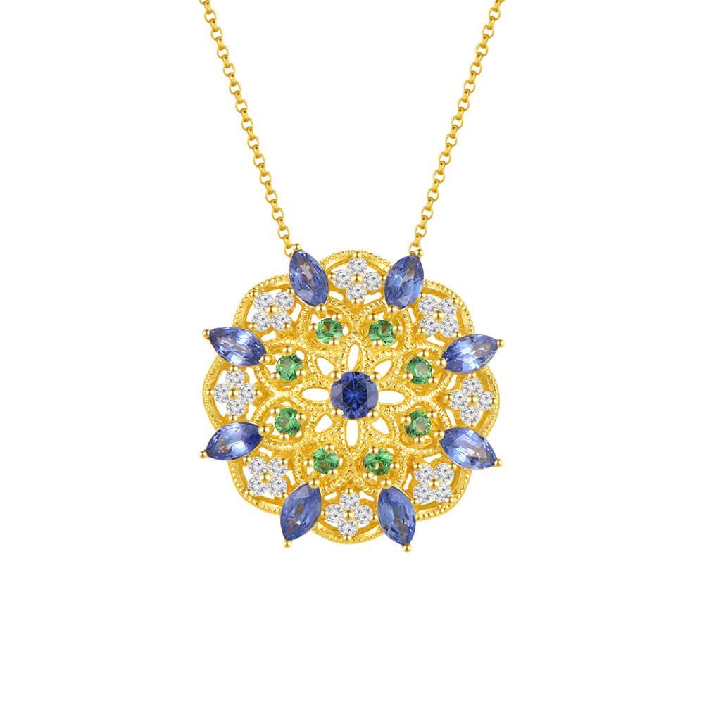 Multicolor Sapphire Green Garnet Diamond Kaleidoscope Pendant with Chain