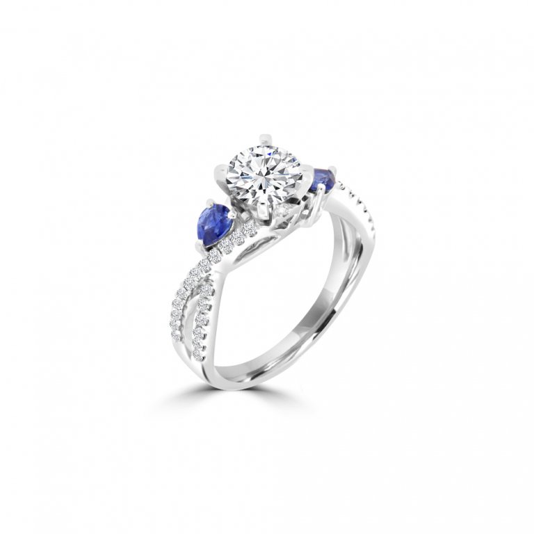 Sapphire Diamond Twist Band Engagment Ring in 18K White Gold