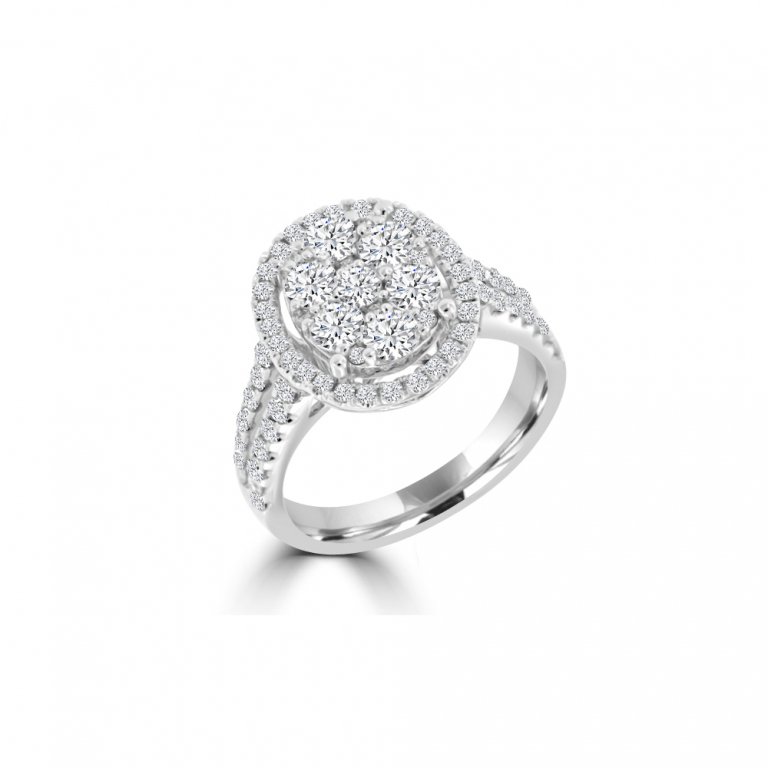 Diamond Cluster Halo Split Shank Ring in 18K White Gold