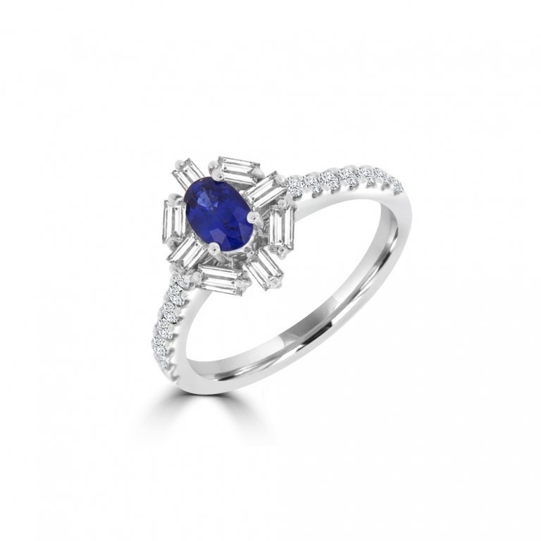 Oval Shaped Sapphire Diamond Starburst Halo Ring