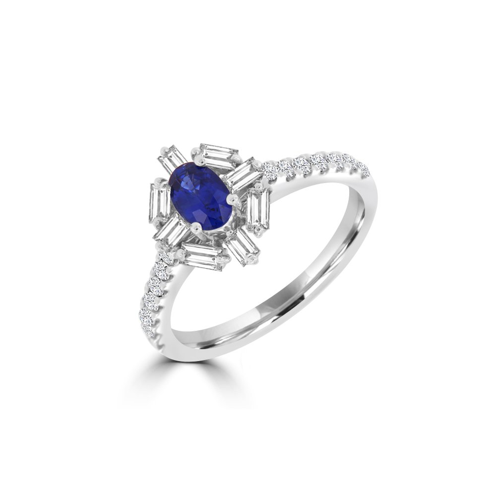 Oval Shaped Sapphire Diamond Starburst Halo Ring